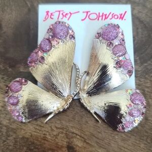 Betsey Johnson Gold Pink Crystal Butterfly Earrings Rhinestone Jewel Large Drop